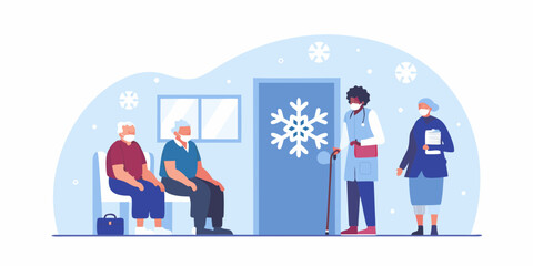 Healthcare worker assisting senior patients during a winter season at a clinic
