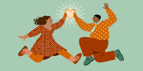 Couple joyfully leaping with a glowing heart between their hands expressing love