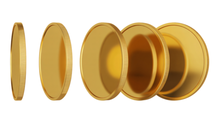 Stack of five shiny gold coins shown in a dynamic sequence against a solid