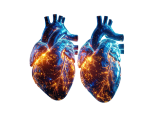 Two digital human hearts glowing with blue and orange energy
