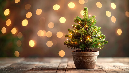 Small potted pine tree decorated with subtle warm fairy lights