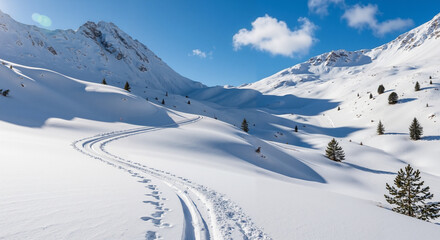 Empty ski trail winding through pristine snowy landscape in winter  