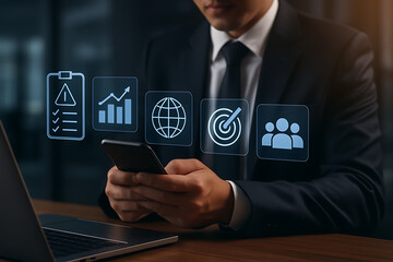 Businessman using laptop to display cost reduction graph. Concept of cost control, budgeting, profit maximization, and financial planning.new concept