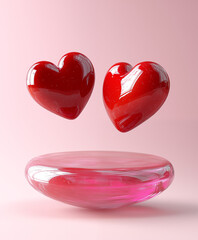 3d rendering of two red hearts floating above a glass platform, with a pink background in a minimalist style. created using c4d, blender, and the oc renderer, this image captures the atmosphere