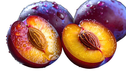Close-up of ripe plums, one halved revealing a seed, droplets on skin
