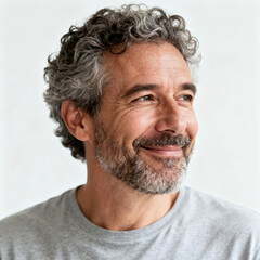 Fototapeta premium Portrait of a middle-aged man with gray curly hair and a beard, smiling confidently in a casual gray shirt against a plain background.