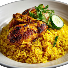 A vibrant dish of grilled chicken served over turmeric rice. or transparent background