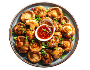 Fototapeta premium Hot fried shiitake mushrooms with green onions and spicy sauces on plate isolated on transparent png