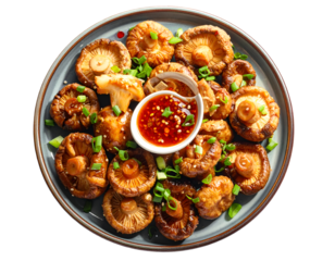 Hot fried shiitake mushrooms with green onions and spicy sauces on plate isolated on transparent png