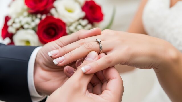 A touching close-up of a groom's hand placing an exquisite wedding ring on his bride's finger, celebrating love, commitment, and new beginnings