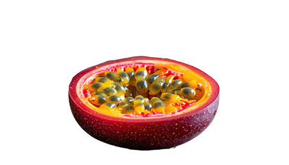 Half-cut exotic fruit revealing vibrant pulp, seeds, and textured rind