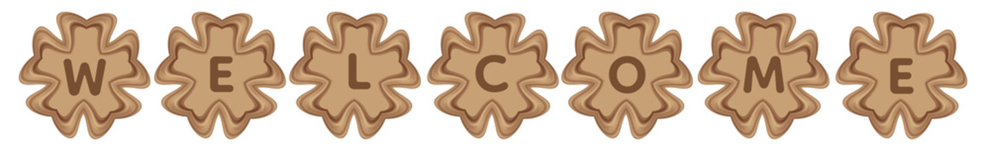 Coffee brown biscuit cookie style illustration featuring the word “WELCOME” formed with cute baked alphabet cookies. The design uses a warm coffee and chocolate tone, soft rounded shapes