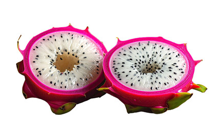 Vivid closeup of a dragon fruit sliced, revealing the intricate interior
