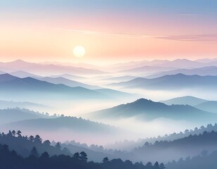 Obraz premium A serene sunrise paints layered mountain ranges with pastel hues and ethereal mist