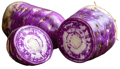 Cut open purple root vegetables with white and purple swirls, close-up