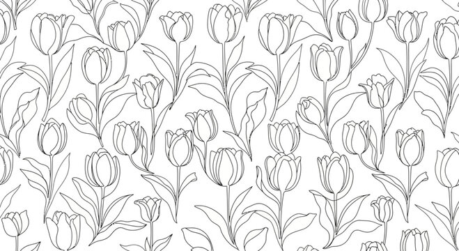 Elegant floral pattern featuring detailed tulip outlines on white background.