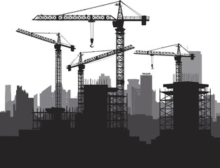 Obraz premium Black and gray construction cranes and buildings silhouette