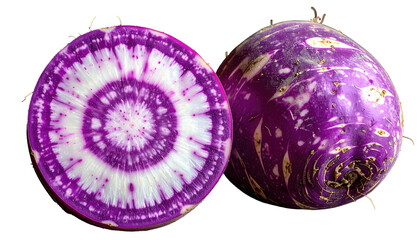 A cut root vegetable, revealing vibrant purple and white patterns