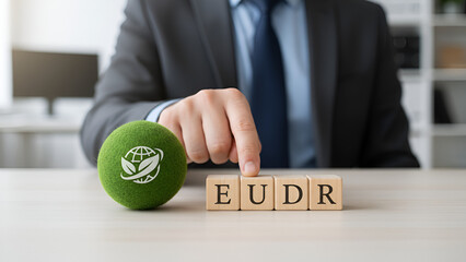 EU Sustainability and Organization Icons: Stacked Blocks with Leaf Symbol and Hand