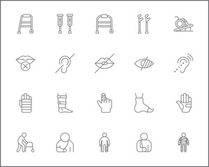 Set of Disability People Pictograms Icons. Contains such Icons as Disabled health care, medical tools, equipment stick figure, crutches, wheelchair, cane, electric wheelchair, power scooter