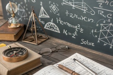 Mathematician workspace with chalkboard and study materials