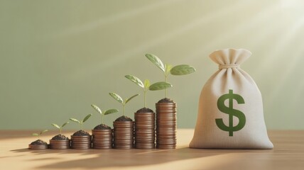 Investing in growth with money bag and sprouting coins