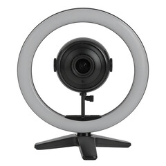 Professional video conference webcam with adjustable ring light and desktop tripod stand, perfect for live streaming, online meetings, and content creation