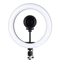 Illuminated ring light device with integrated webcam and adjustable stand for professional video calls and content creation, bright glow effect