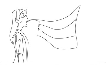 One line drawing of a young female interpreter with headphones translating Russian, celebrating the role of women in language education and international collaboration for Russian Language Day