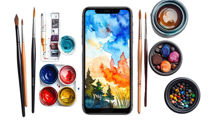 Watercolor landscape on phone surrounded by art supplies