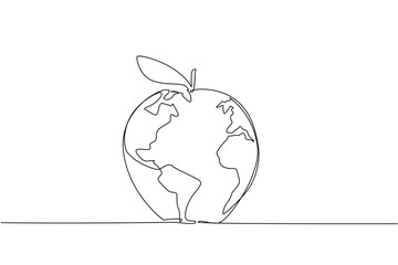 Creative single line drawing illustration showing an apple shaped like a globe with a leaf, symbolizing World Food Safety Day, promoting health, nutrition, and safe food in a global nature concept.