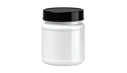 White cylindrical supplement bottle with black lid, blank label on black