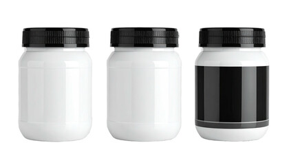 Three identical white jars with black lids, one with a black label