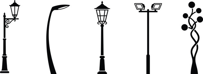 Modern and vintage street lamp silhouettes set including classic lanterns, curved streetlights, solar floodlights flat vector icons isolated © Moksedul Creative