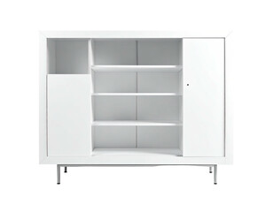 A white cabinet with sliding doors and shelving, isolated on black