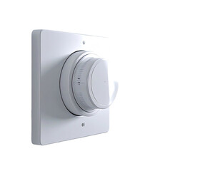 White, square plate with a protruding, dial-controlled device against black