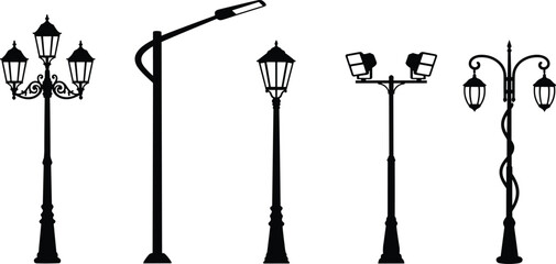 Street lamp silhouettes set featuring vintage lanterns, modern streetlights and floodlight poles flat vector illustration isolated on white background