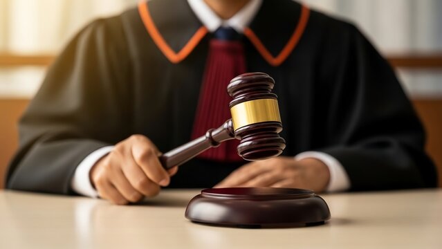 Judge holding a gavel, symbolizing justice and legal proceedings in a courtroom
