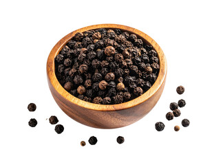 Wooden bowl overflowing with black peppercorns, some scattered below