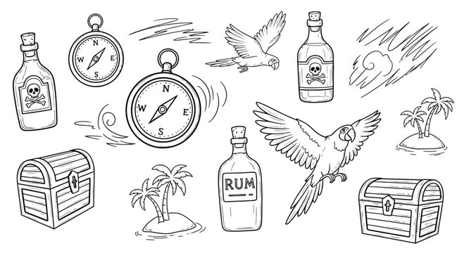 Pirate Adventure Elements - Compass, Rum, Treasure Chests, and Tropical Islands.