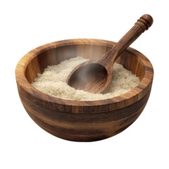 A wooden bowl filled with flour and a wooden spoon for cooking. or transparent background