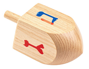 Close-up of a wooden dreidel with Hebrew letters, isolated on a white background