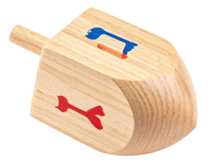 Close-up of a wooden dreidel with Hebrew letters, isolated on a white background