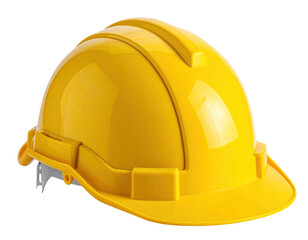 Bright yellow safety helmet, side view, isolated on a transparent background