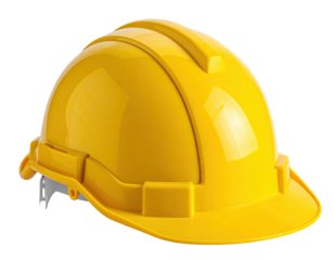 Bright yellow safety helmet, side view, isolated on a transparent background