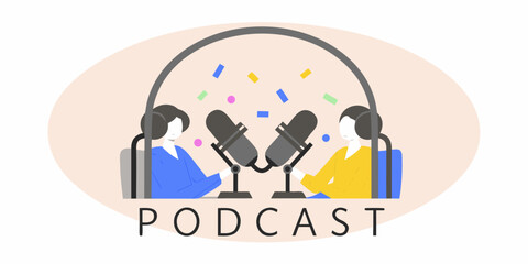 Illustration of a podcast recording with two people and a microphone