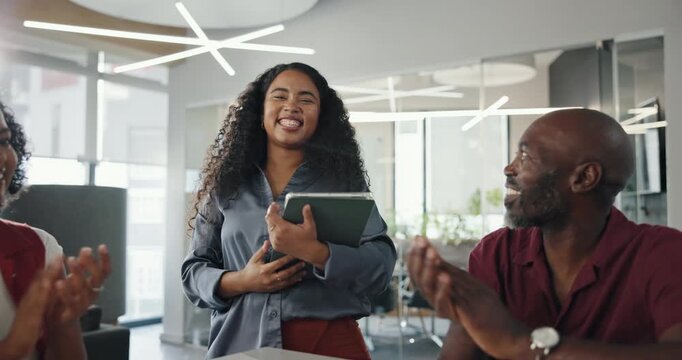 Meeting, people and handshake with applause in boardroom for congratulations, welcome and recruitment. Happy businesswoman, shaking hands and group clapping for new hire, introduction and onboarding