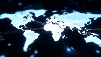 Dynamic digital world map with glowing points and lines, visualizing global communication, data networks, and technological interconnectedness across continents - Powered by Adobe