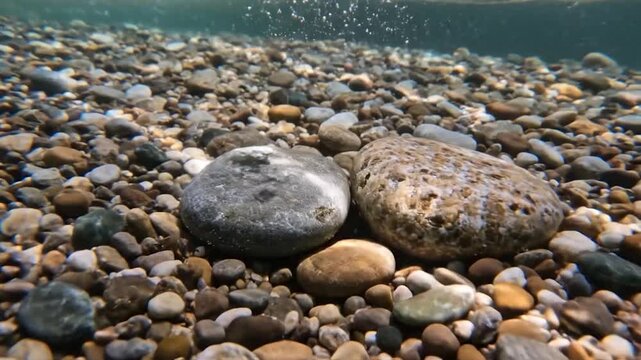 Smooth blue pebbles and textured rocks scatter across the summer coastline where the nature of the sea meets the rocky shore under a clear sky