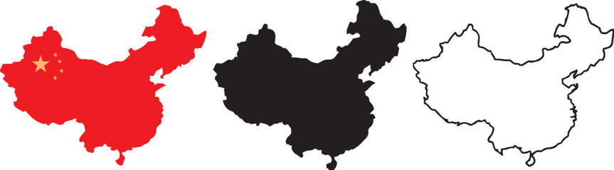 Map of China with Flag Fill & Blank Outline  Vector China Map on White Background